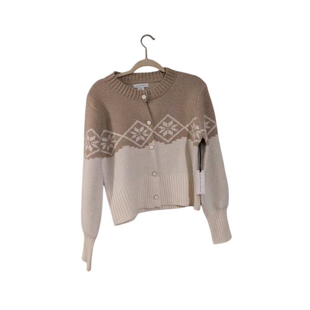 Cupcakes and Cashmere Cardigan Womens Medium Tan Fair Isle Metallic Sweater NEW